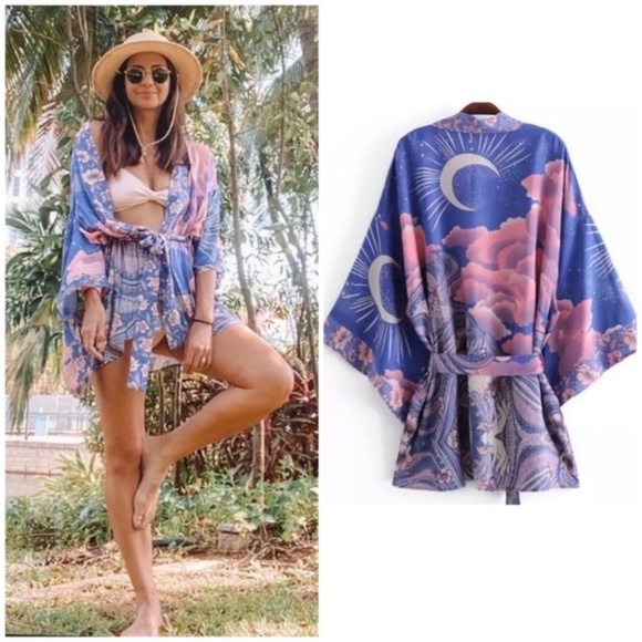 Cosmic Galaxy Moon Boho Short Kimono Robe Coverup - Picture 3 of 8